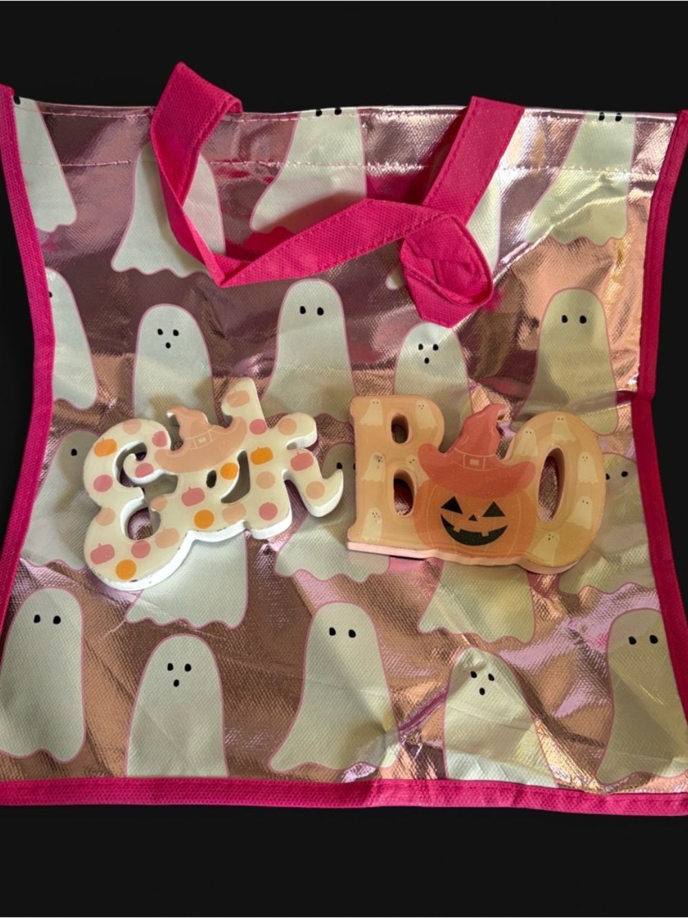 Pink Ghost Holiday Tote Bag with Festive Halloween Accents